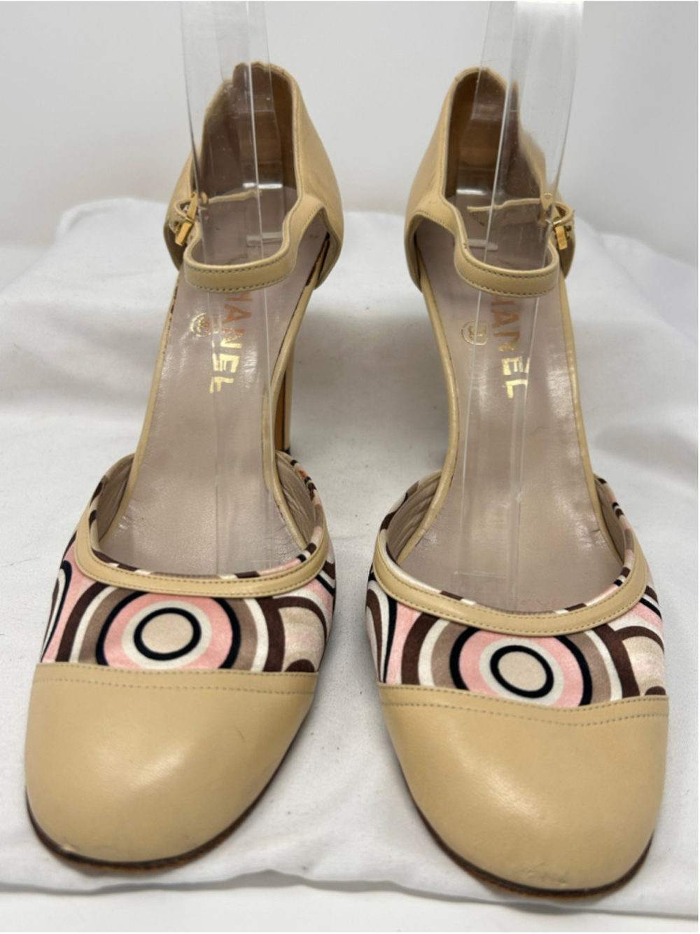 Chanel Vintage Beige T-Strap D’Orsay Pumps Geometric Toe Cap Size 40 - Picture 3 of 11